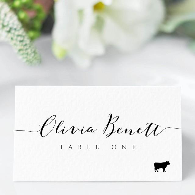 Place Card Template With Meal Icons, Editable Wedding Place Cards, Printable Escort Cards, Folded Place Cards Flat, Templett , BW1