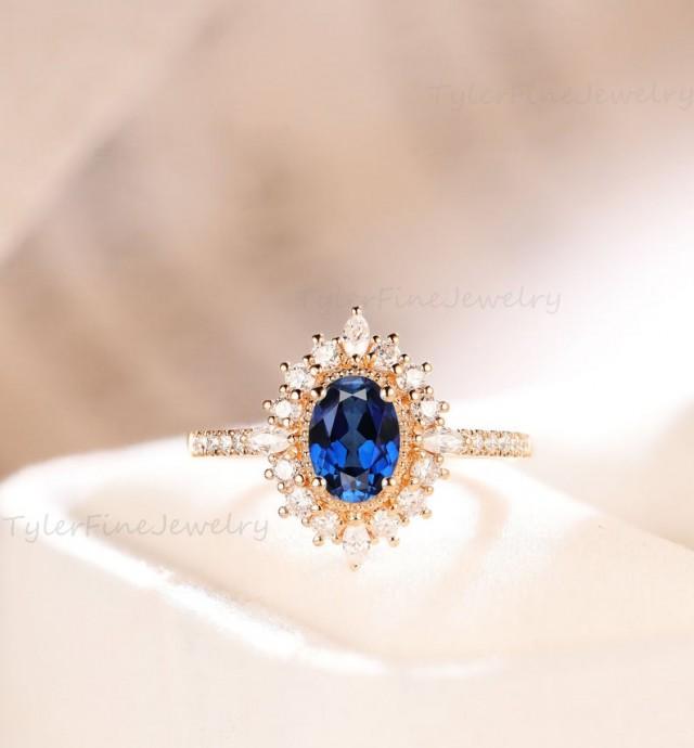 wedding photo - Oval Lab Sapphire Engagement Ring Halo ring vintage unique Cluster rose gold Marquise diamond wedding Bridal Anniversary ring half eternity