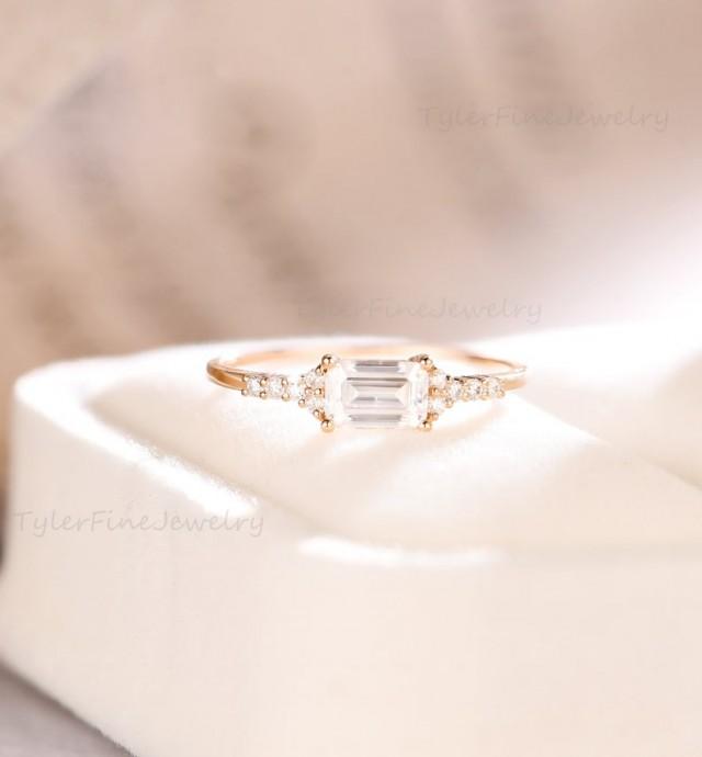 wedding photo - Emerald cut Engagement Ring Moissanite Stacking band Minimalist delicate Ring East West Baguette Ring diamond Promise Ring Rose gold