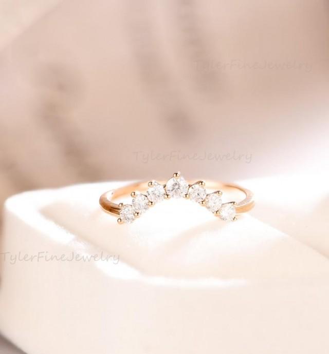 wedding photo - Vintage Curved Wedding Band Moissanite Unique Bridal set Solid Rose Gold stacking Delicate Promise matching band Diamond Anniversary ring
