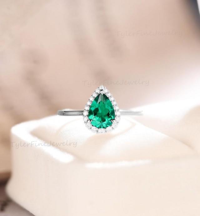 wedding photo - Vintage Pear engagement ring Green Emerald white gold moissanite halo ring Antique wedding Unique Anniversary Bridal diamond Promise ring