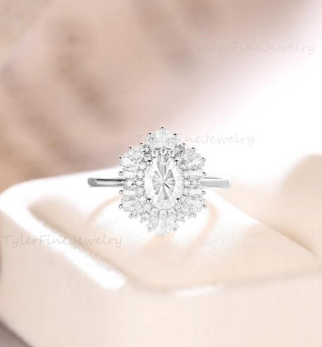 wedding photo - Vintage Oval engagement ring moissanite halo ring Antique wedding Unique Anniversary Bridal ring Baguette Diamond/CZ Accents White gold