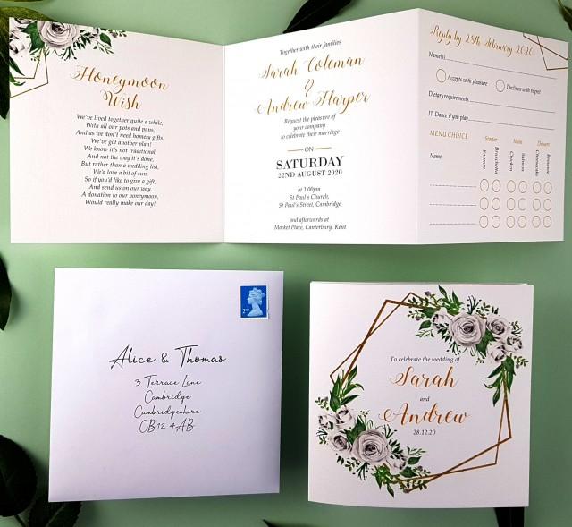 White Rose Gold Wedding Invitation Set - Tri-fold Wedding Invitations - Floral Wedding Invites