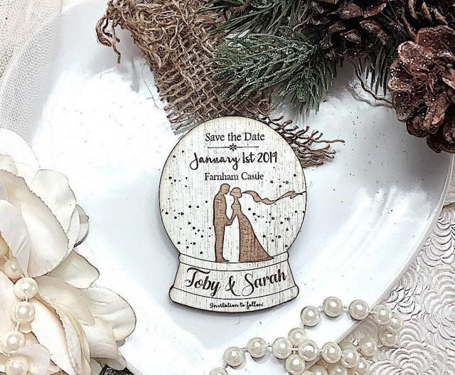 Wooden magnet save the date, Winter wedding , Change the date, Christmas wedding, Snowglobe save the date