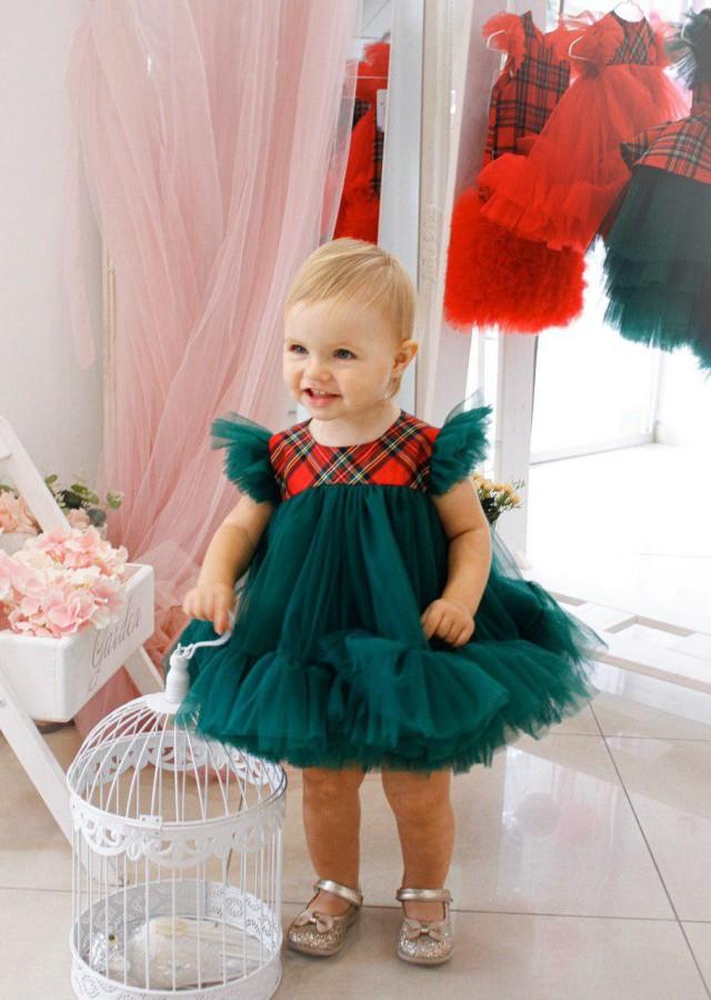 Baby girl Christmas dress, first Christmas dress, size 9 12 18 months, fluffy green emerald dress for girls, cute baby Christmas outfit