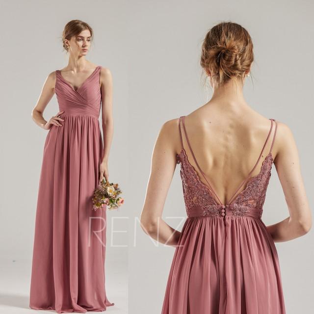 Bridesmaid Dress Vintage Rose Chiffon Prom Dress Long Ruched V Neck Formal Dress Backless A-line Evening Dress (H688C)