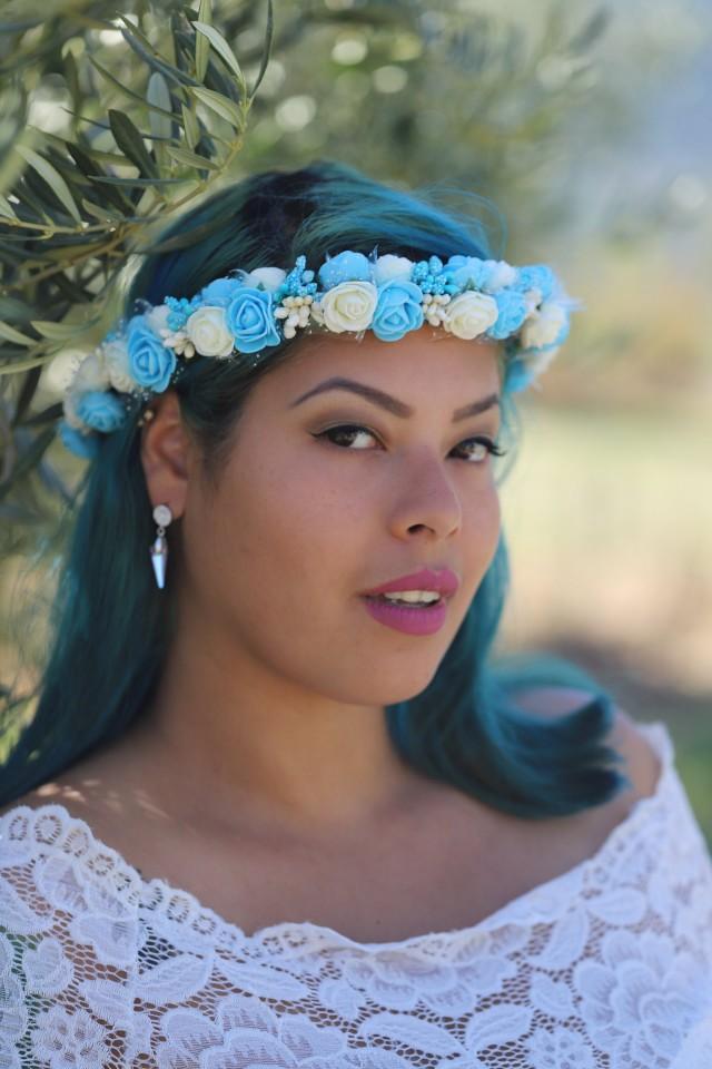 Turquoise Ivory Flower Bridal Crown  Flower Wedding Crown  Bridal Flower Headpiece Bridesmaid flower headpiece, Wedding Flower Crown Tiara