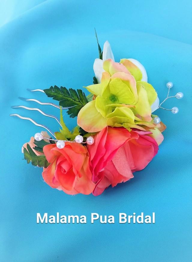 Silk Hair flower, hair accessory, Peach, coral & lime, Tropical Hair clip, Hawaiian, Bridal headpiece, Wedding hairpiece, Beach, Fascinator