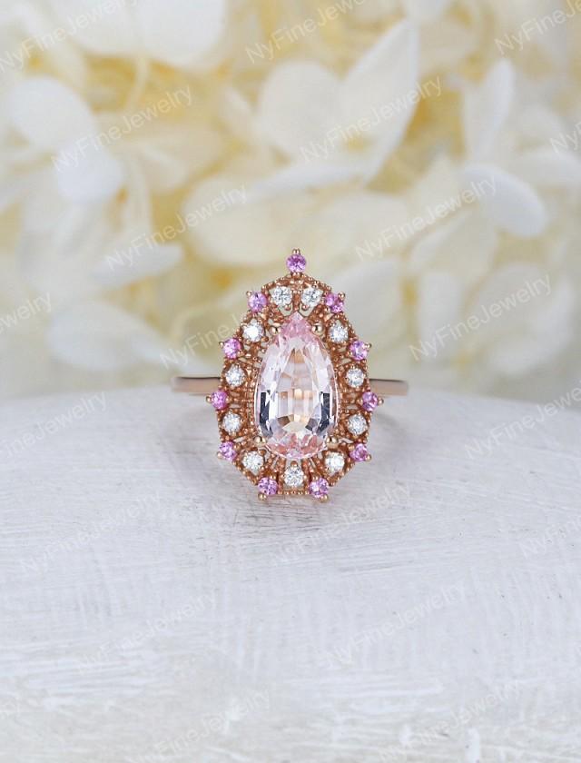 Pear shaped Morganite engagement ring rose gold vintage unique Halo diamond pink sapphire Wedding  birthstone Anniversary
