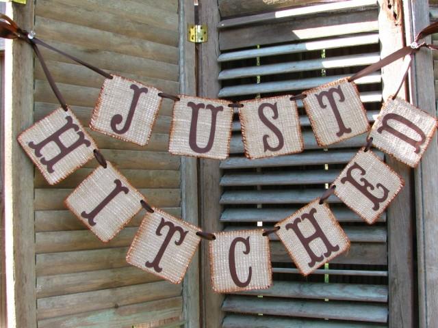 Just Hitched Wedding Burlap Banner, Just Married Banner, Rustic Decor, We Eloped Sign, Wedding Car Sign, Party Barn Decor, Photo Prop