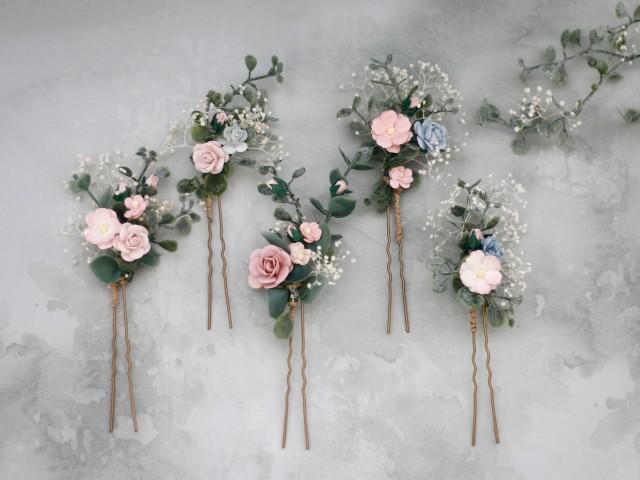 Blush blue hair pins for wedding, set floral hair pins, flower bobby pins, wedding hair pin, bridesmaid hair pin