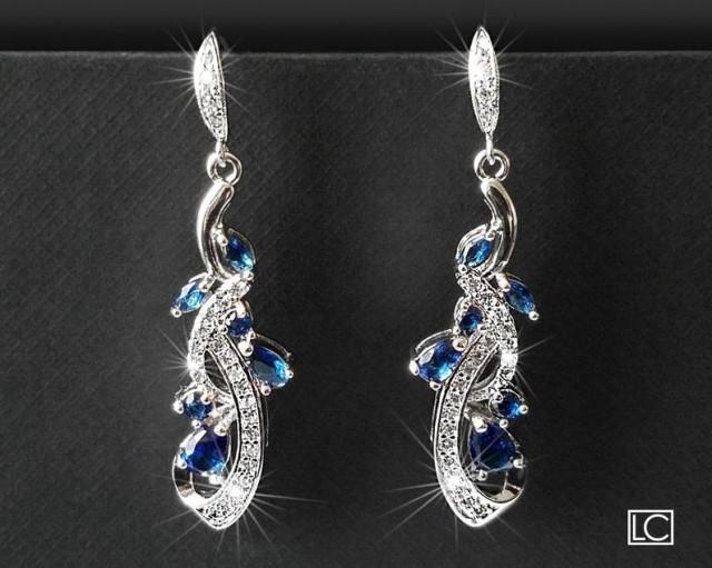Navy Blue Bridal Earrings, Wedding Blue Crystal Earrings, Bridal Blue Silver Earrings, Floral Dangle Crystal Earrings Wedding Bridal Jewelry