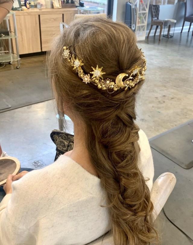 Stars and moon half crown,celestial hair comb,mystical,gold stars,sparkling,half moon,ethereal,stars and crystals,moon and stars hair piece