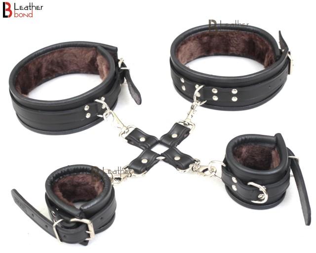 Real Cowhide Leather Wrist & Thigh Cuffs set Restraint Bondage Set Black 5 Piece set Fur line Cuffs with Hogtie