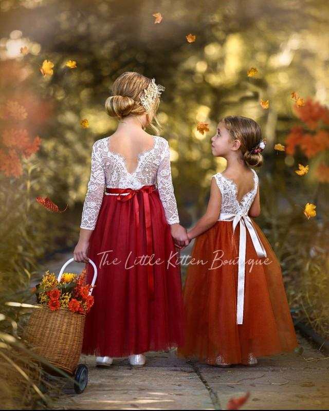 Burnt Orange Flower Girl Dress, Rust Flower Girl Dress, lace flower girl dress, Rustic flower girl dress, Boho Flower Girl Dress, Fall Dress