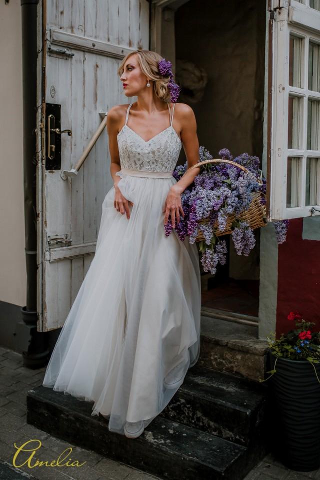 Flowy Tulle Beige Wedding Dress/ Bohemian Beige Wedding Dress/ Beige Low Back Wedding Dress/ Bohemian Lace and Tulle Beige Wedding Dress