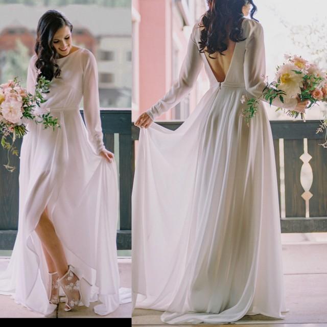 Chiffon Long Sleeve Wedding Dress with a Sexy Slit, Vintage Style, Low Back, off white, High Neck, Classic And Bohemian Bridal Gown