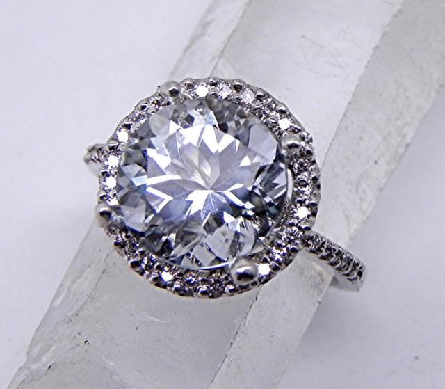 AAAA Goshenite White Beryl 10.00mm  3.39 Carats    in 14K white gold Halo engagement ring with .45 carats of diamonds 2073