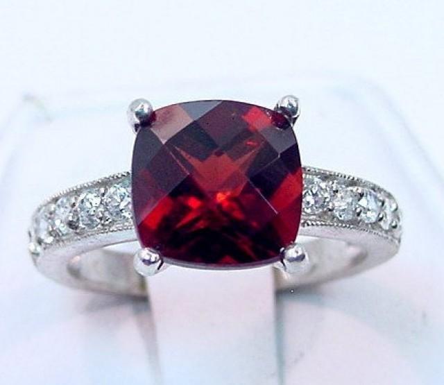 Natural Red Pyrope Garnet   9x9mm  4.12 Carats   in 14K White gold diamond (.30ct) Ring 0722