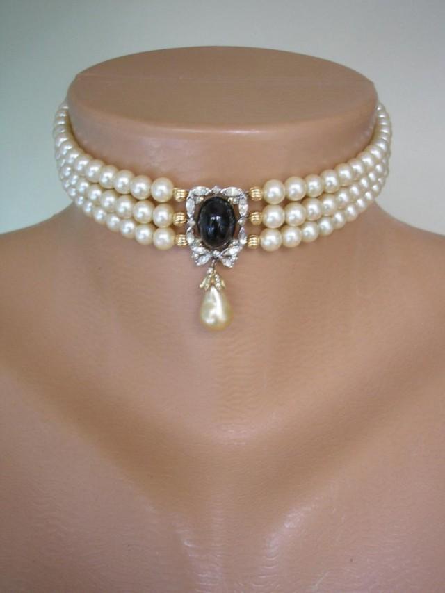 Vintage Pearl Choker, Attwood and Sawyer Jewelry, Pearl Choker With Black Pendant, Indian Bridal Jewelry, Bridal Choker, Evening Jewellery