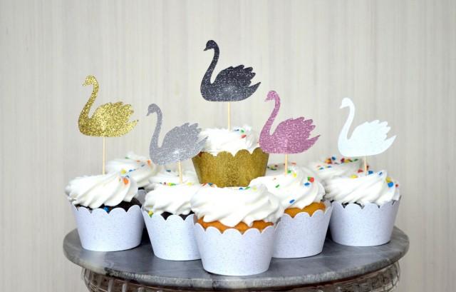 Swan Cupcake Toppers - In your choice of Gold Glitter 