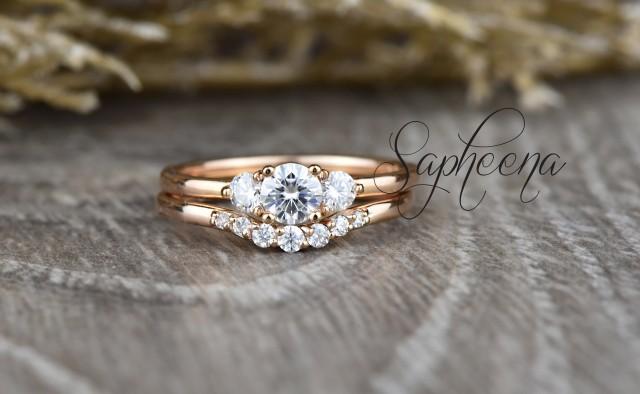3 Stone Mini Round Moissanite Engagement Ring with Tiara Wedding Band,Diamond Bridal Set,Moissanite Diamond Bridal Gold Rings by Sapheena