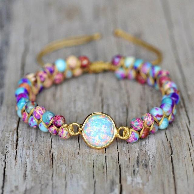 Opal Stone Bracelet-Natural Galaxy Sea Sediment Bracelet-Grounding Healing Spiritual Protection Meditation Anxiety Stress Relief Bracelet