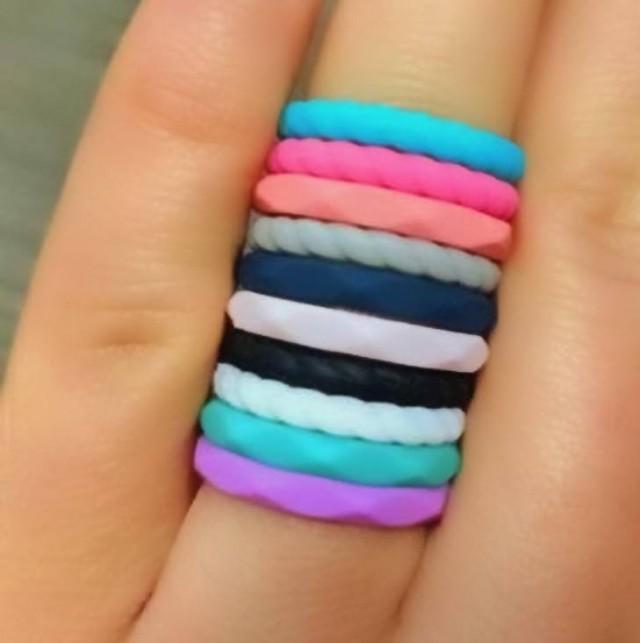 Silicone Rings Set for Women; Thin Stackable Wedding Bands, Braided and Diamond Cut Styles, 3mm