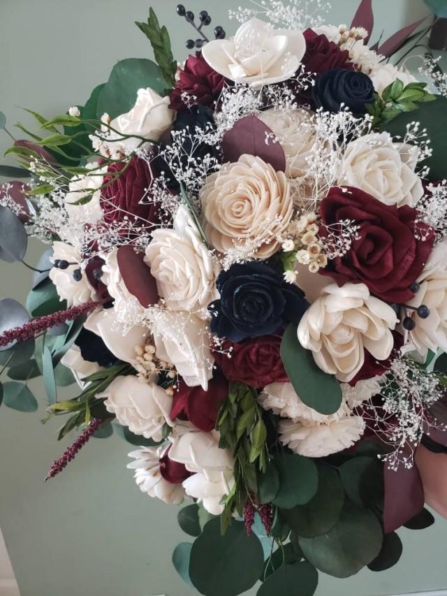 Burgundy and navy blue cascading bouquet, sola wood flowers