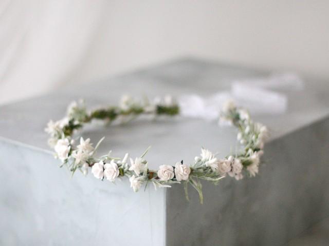White flower crown wedding, dainty floral headband, bridal flower halo