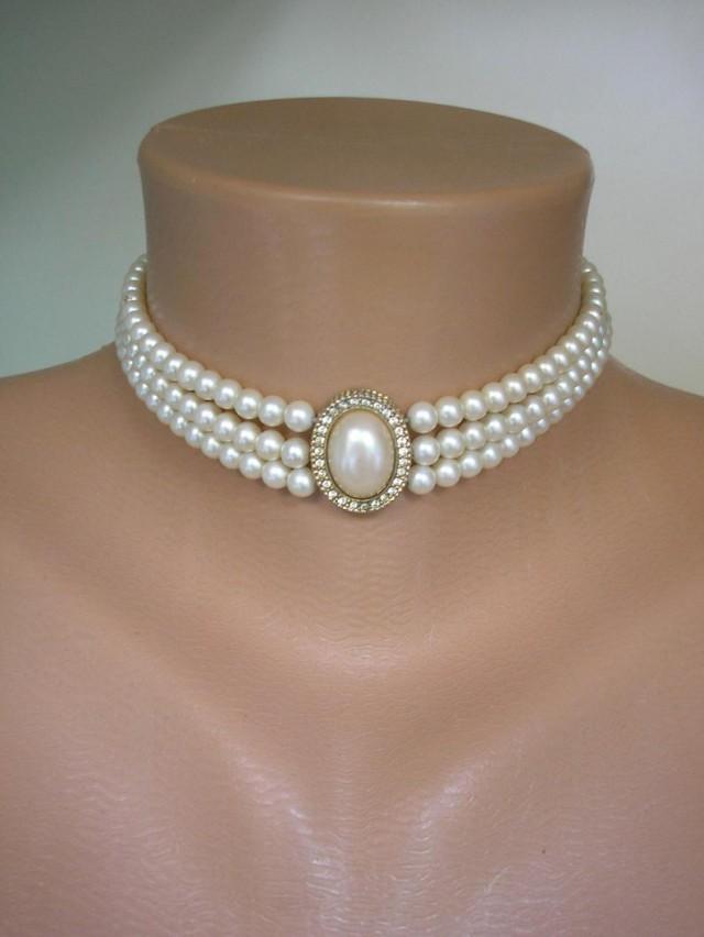 wedding photo - Vintage Pearl Choker, 3 Strand Pearl Choker, Bridal Pearls, Vintage Pearls, Ivory Pearls, Edwardian Style Choker, Lightweight Pearls