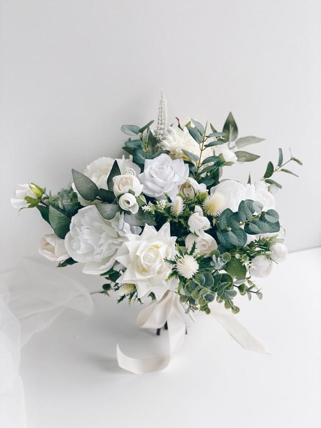 Wedding bouquet, White Bridal Bouquet, White Peony Bouquet, Wedding flowers, Eucalyptus wedding bouquet, Silk flower Bouquet, Bridesmaids
