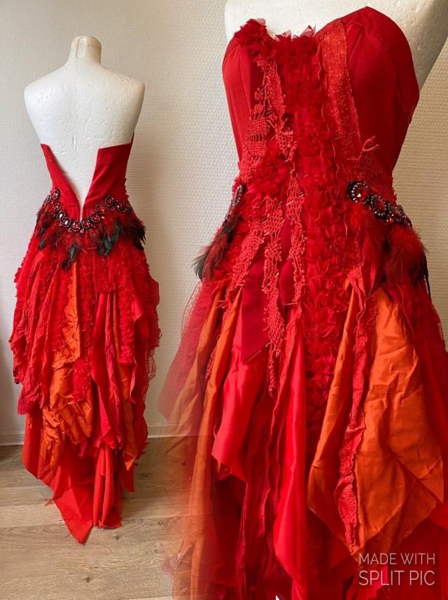 Sexy red dress,tattered unique dress ,eye catching handmade dress,statement womens red dress, gypsy style wild and free