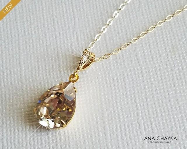 Champagne Gold Crystal Necklace, Swarovski Light Silk Teardrop Necklace, Champagne Bridal Necklace, Wedding Crystal Pendant, Bridal Jewelry