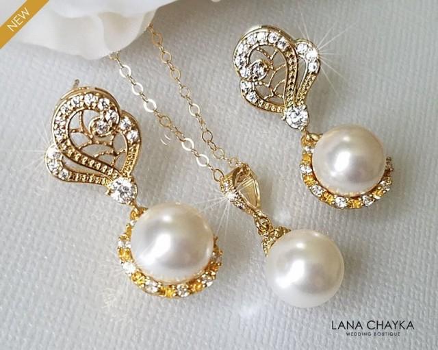 wedding photo - Gold Bridal Pearl Jewelry Set, Swarovski White Pearl Earrings&Necklace Set, Pearl Halo Earrings, White Pearl Pendant, Wedding Bridal Jewelry