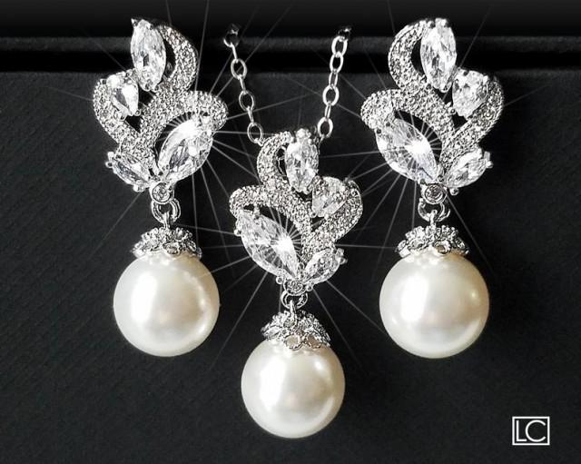 wedding photo - Pearl Bridal Jewelry Set, Swarovski WHITE or IVORY Pearl Earring&Necklace Set, Wedding Pearl Jewelry Bridal Jewelry Set Pearl CZ Jewelry Set