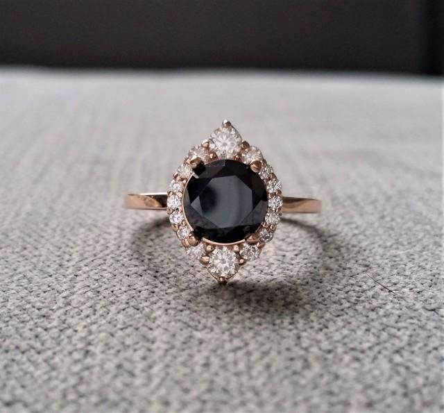 Black Moissanite Diamond Engagement Ring Halo Bohemian Art Deco Indian Vintage Antique 14K Rose Gold Exclusive &quot;The Jasmine&quot;