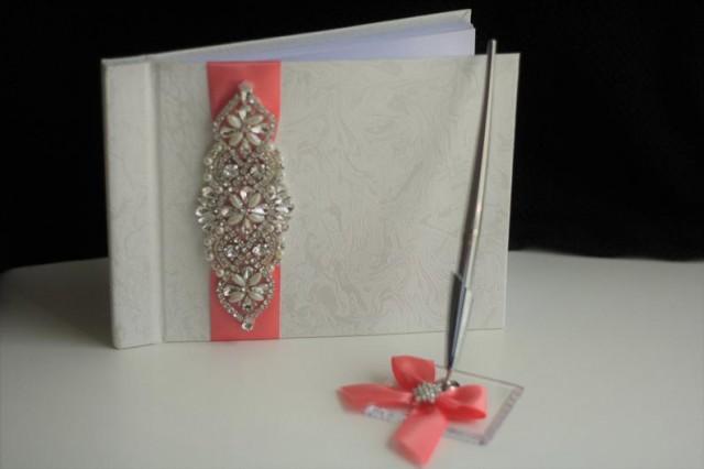wedding photo - Wedding Guest Book with Pen, Coral Guest Books, Coral Sign in Book