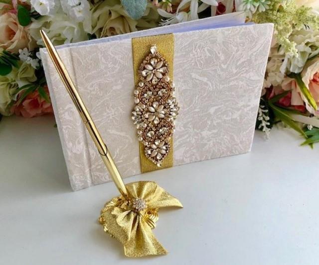 wedding photo - Gold Guest Book with Pen, Wedding Guest Book
