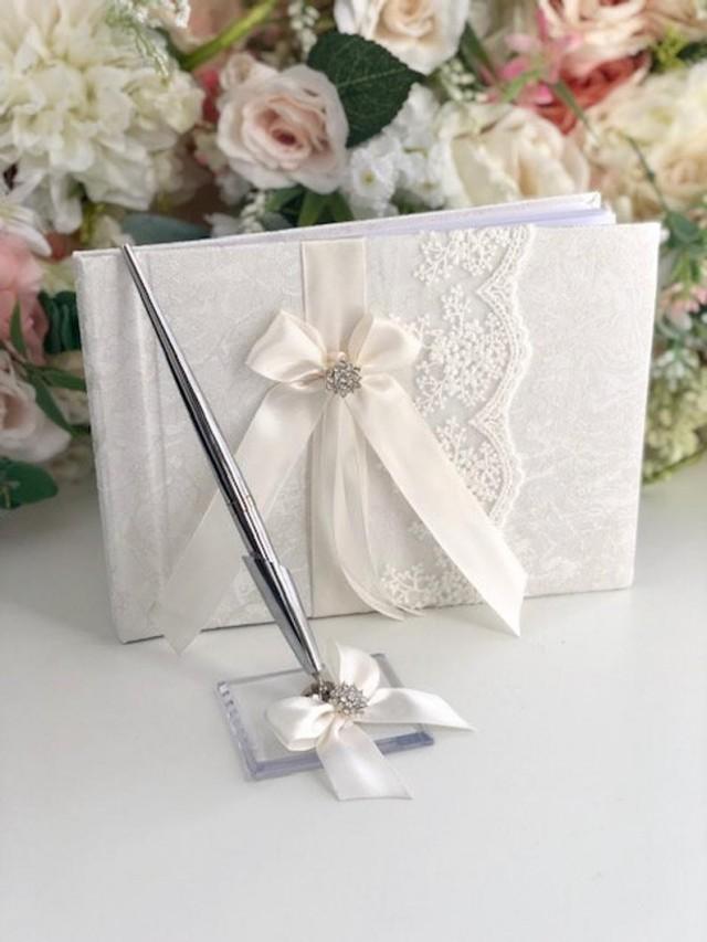 wedding photo - Wedding Guest Book with Pen, Off White Guest Books