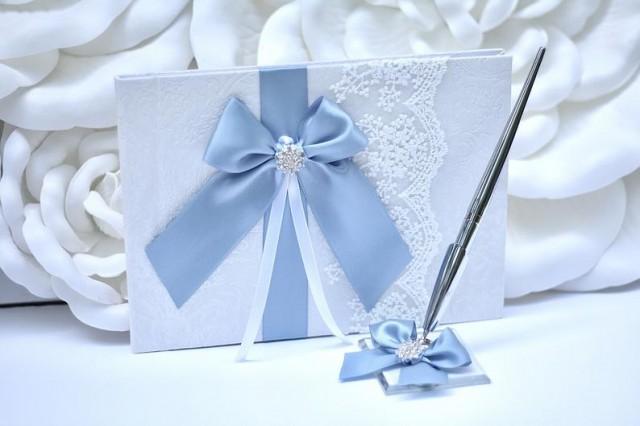 wedding photo - Wedding Guest Book with Pen, Steel Blue Wedding Guestbook