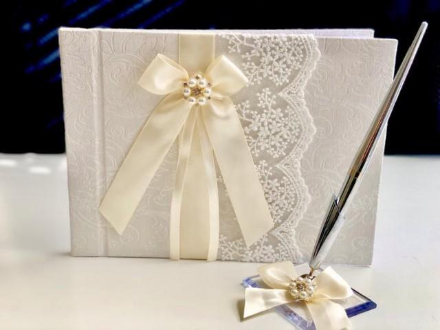 wedding photo - Wedding Guest Book, Ivory Guest Book with Pen, Sign in Book