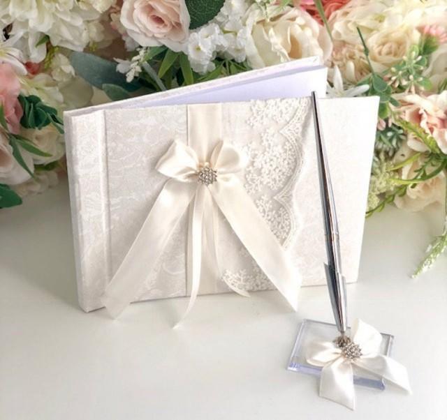wedding photo - Off-White Guest Book with Pen, Wedding Guest Book