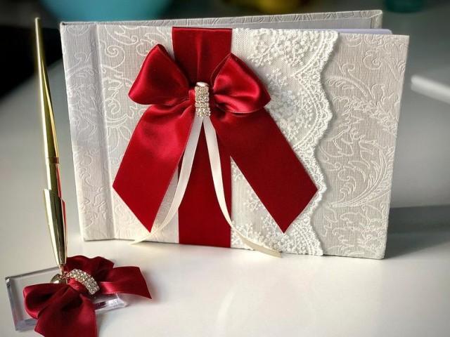 wedding photo - Red Guest Book with Pen, Marsala Guest Book, Wedding Guest Book