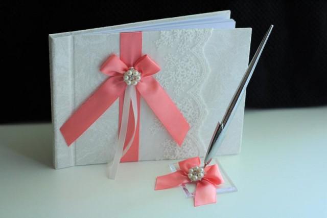 wedding photo - Coral Guest Book with Pen, Coral Wedding Guest Book