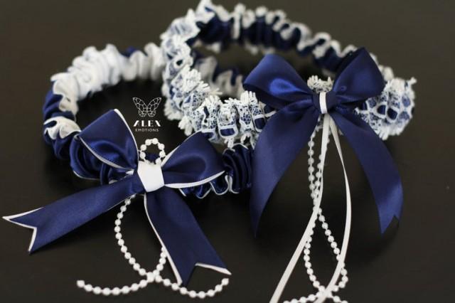 wedding photo - Navy Blue Wedding Garter Set, Navy Bridal Garters
