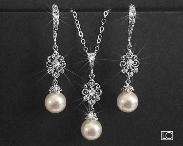 wedding photo - Pearl Bridal Jewelry Set, Earrings&Necklace Jewelry Set, Swarovski 8mm White Pearl Wedding Set, Pearl Wedding Jewelry Set, Bridal Jewelry