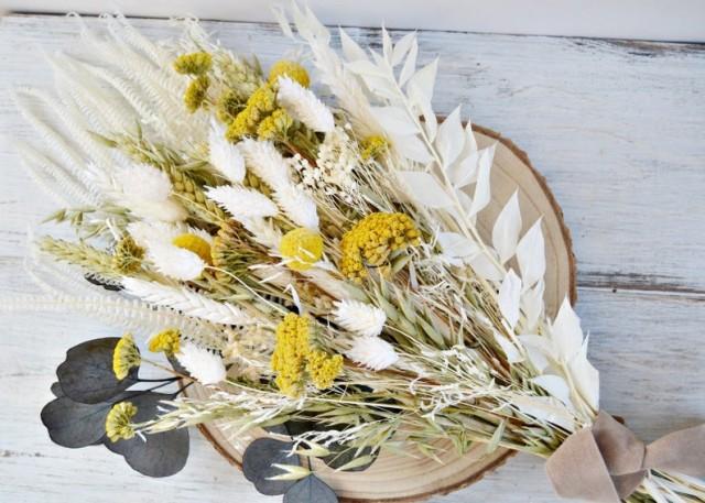 wedding photo - Yellow Meadow Bouquet, Wild Flower Bride Bouquet Yellow and White, Dried Flowers Arrangement, Country Bouquet, Preserved Flower Home Decor.