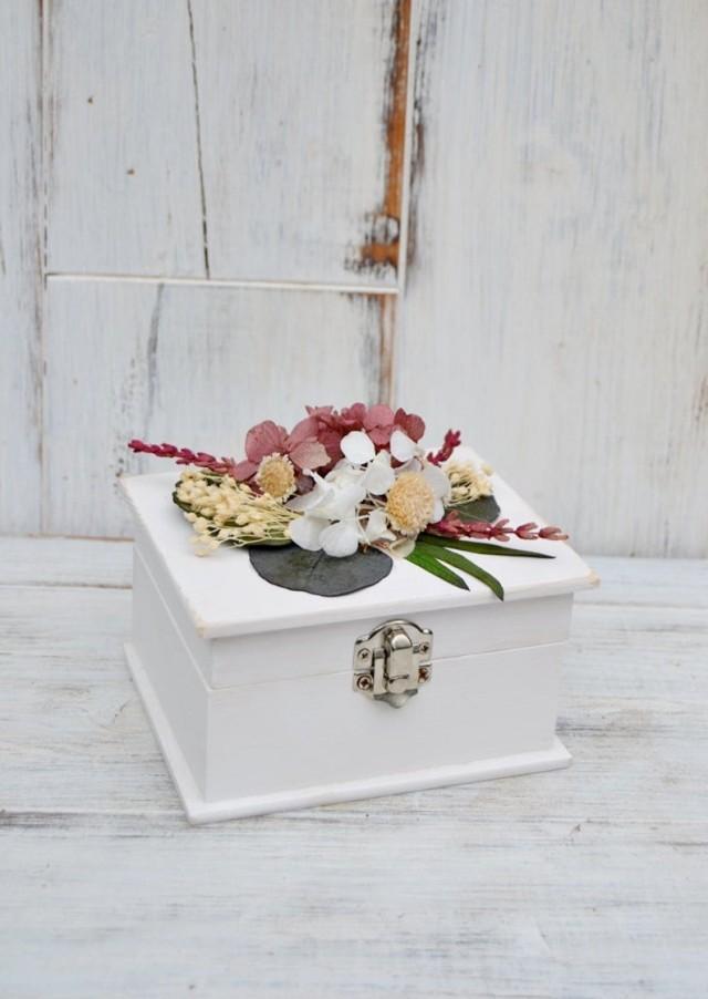 wedding photo - Wedding Ring Bearer Box with Preserved Flowers, Romantic Wedding Ceremony, Pink burgundy Wood Ring Box, Engagement Box, Ring Holder.