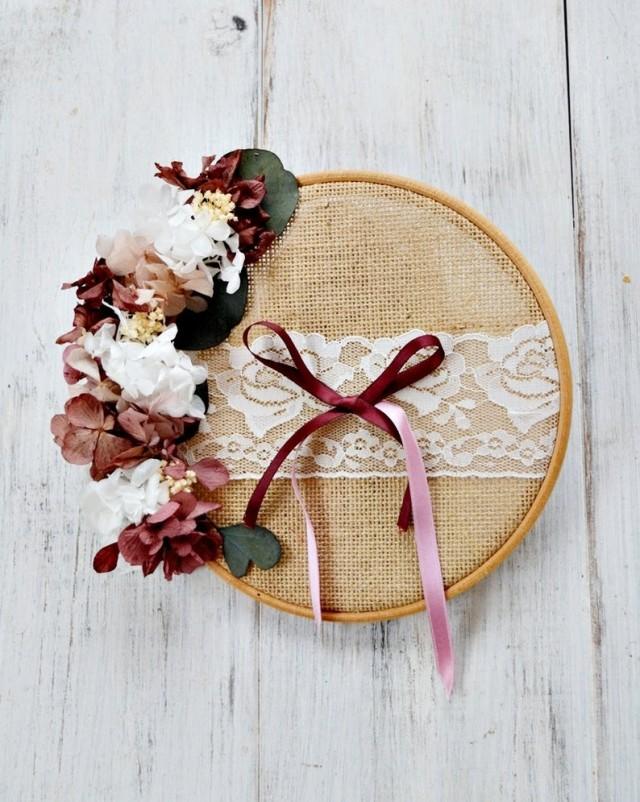 wedding photo - Wedding Ring Holder Embroidery Frame, Preserved flower Wreath for Wedding Ceremony, Original Floral Ring Pillow, Burlap Ring Hoop.